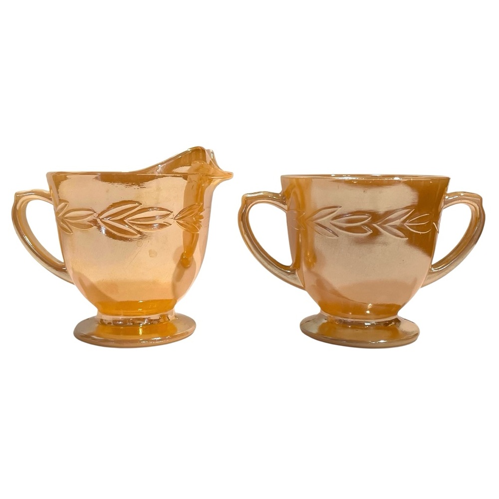 Vintage 1950s Anchor Hocking Oven Fire King Peach Luster Creamer Sugar Laurel